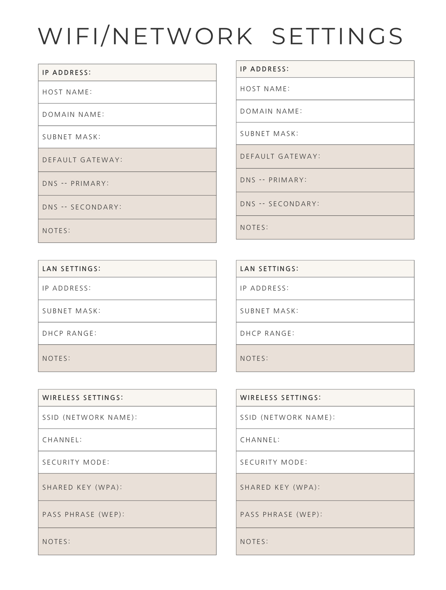 Password and Wi Fi Settings Tracker Set